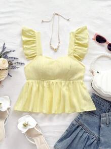 Soleia Blouse femme en tissu texturé coupe évasée avec manches courtes, convient pour les vacances, les festivals de musique, le style bohème, les jours fériés, les rendez-vous de thé l'après-midi - Jaune moutarde - Voir 4