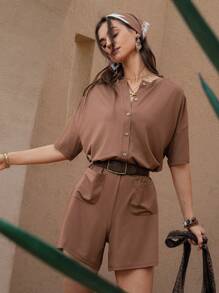 Wildy Summer American Western Country Style Casual Jumpsuit With Pockets, Brown Short Sleeve Casual Brown  Vacation Outfits - Brown - View 1