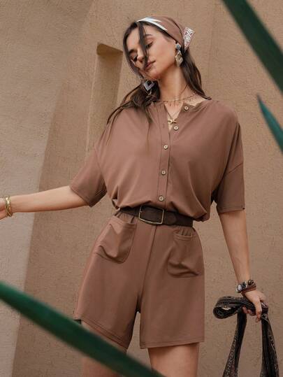 Wildy Summer American Western Country Style Casual Jumpsuit With Pockets, Brown Short Sleeve Casual Brown  Vacation Outfits