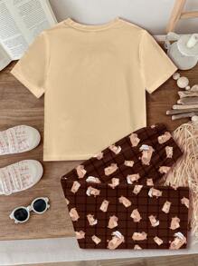 SHEIN Leap Crew 女童可爱水豚和卡通心形蝴蝶结印花休闲简约短袖 T 恤和裤子家居服，适合夏季 - 彩色 - 查看 3