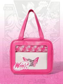 Winx Club X ROMWE 3pcs Set, Butterfly & Letter Print Cute Cosmetic Pouch, Other Storage Bag - Hot Pink - View 2