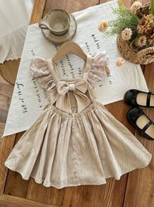 LMoss Kids 女宝宝可爱夏季蝴蝶结镂空杏色盖袖连衣裙 - 杏色 - 查看 8