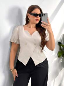 Firerie Plus Size Women's Solid Color Short Puff Sleeve Double-Breasted Fashionable Shirt - Apricot - View 4