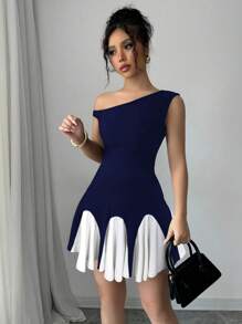 Firerie Váy ren bất đối xứng thanh lịch cho nữ màu tương phản, thích hợp cho ngày lễ tình nhân - Màu xanh hải quân - Xem 5