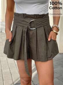 SHEIN Essnce Damen einfarbige modische Shorts, geeignet für den Sommer - Armeegrün - Übersicht 4