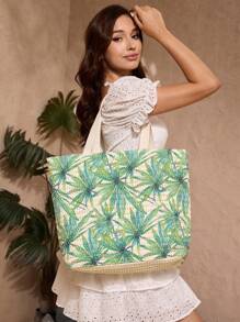 SHECARRY Bohemian Style Shoulder Bag, Casual Woven Tote Bag, Beach Style Handbag (Pattern Random), Summer Vacation Bag - Green - View 4