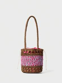SHECARRY Women Straw Woven Bucket Handbag, Shoulder Bag In Rose Red - Multicolor - View 2