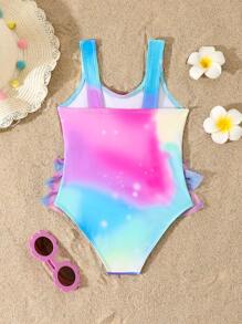 SHEIN Young Girl Gradient Unicorn Print Ruffled One-Piece Swimsuit, Summer