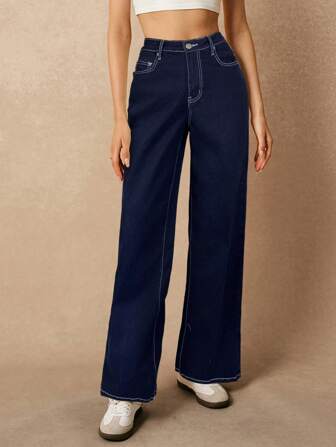 Poéselle Kvinnors lös passform raka ben Casual jeans med fickor, mångsidig