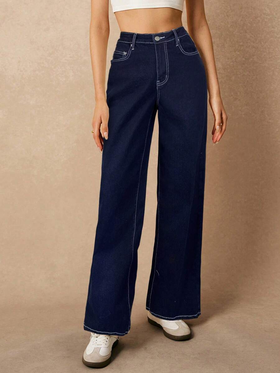 Poéselle 女式宽松直筒休闲牛仔裤，带口袋，百搭 - 深色水洗藍 - 查看 1