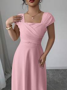 Modelyn Women's Elegant Solid Color Waist-Defined Square Neck Dress For Summer - Baby Pink - View 3