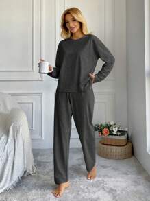 RueChic Cotton Ladies' Drop Shoulder Top And Pants Pyjama Set - Dark Grey - View 5