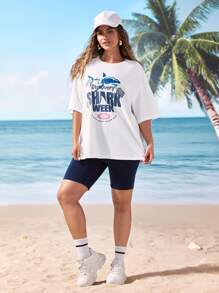 Shark Week X SHEIN Tricou cu mânecă scurtă cu decolteu rotund și cu litere, cu mânecă scurtă - alb - Vizualizare 3