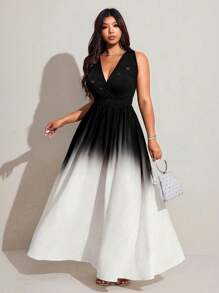 Viva Relle Plus-Size Women's Elegant Gradient Color Slimming Sleeveless Halter Long Dress - Black and White - View 5