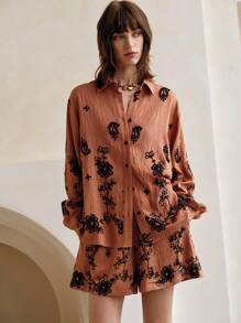 EMERY ROSE Women's Vintage Casual Elastic Waist Embroidered Floral Brown Shorts - Coffee Brown - View 5