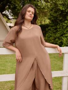 LanaWest Top cu mâneci mijlocii și pantaloni lungi, cu gât rotund și pantaloni lungi, set casual de primăvară/vară - Maro - Vizualizare 7