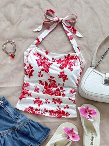 Soleia WYWH 女士假日皮革前系蝴蝶结衬衫，休闲前开圆领长袖上衣 - 紅白色 - 查看 3