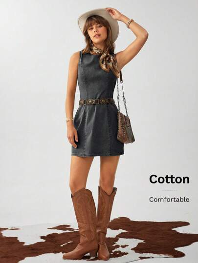 SHEIN LUNE Western Wear Women Women's Sleeveless Crew Neck Bodycon Distressed Denim Mini Dress