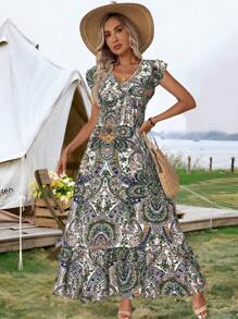 SHEIN LUNE Váy nữ họa tiết Paisley, eo cao, viền thấp, dây rút, thích hợp cho kỳ nghỉ/nghỉ dưỡng, trang phục lễ hội rave xuân/hè - trắng - Xem 5