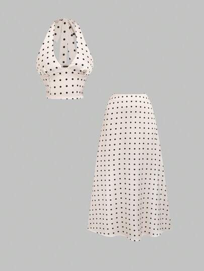 Sweetra Conjunto de 2 piezas de top halter de cuello en V y mini falda a lunares en estilo retro para mujeres