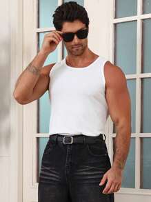 DAZY Men's Slim Fit Solid White Tank Top For Summer - White - View 5