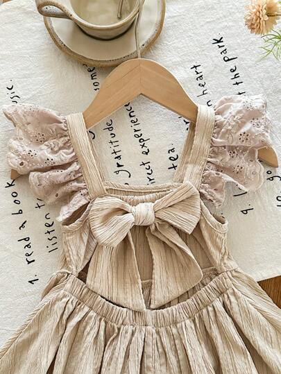 LMoss Kids LMoss Young Girl Plain Woven Square Neck Flounce Hem Casual Dress Beige Dress Girls Beige Dress Girl Champagne Dress Girls Ruffle Dress