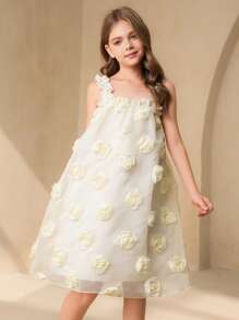 1 pieza Vestido lindo con volantes y flores 3D en el bajo para niñas preadolescentes, apropiado para fiestas y uso al aire libre, primavera/verano - Beis - Ver 5