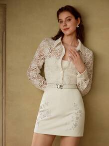 MOTF PREMIUM RHINESTONE FLORAL BODYCON SKIRT - Khaki - View 6
