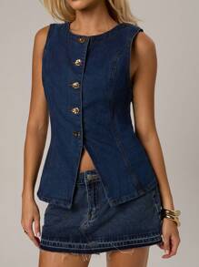 Avantive 夏季新款女士无袖褪色蓝色牛仔衬衫/背心，通勤装 - 深色水洗藍 - 查看 4