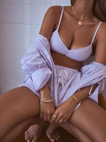 Aralina Striped Ruched Bralette With Drawstring Waist Short Two Pieces Summer Set - Purple - View 7