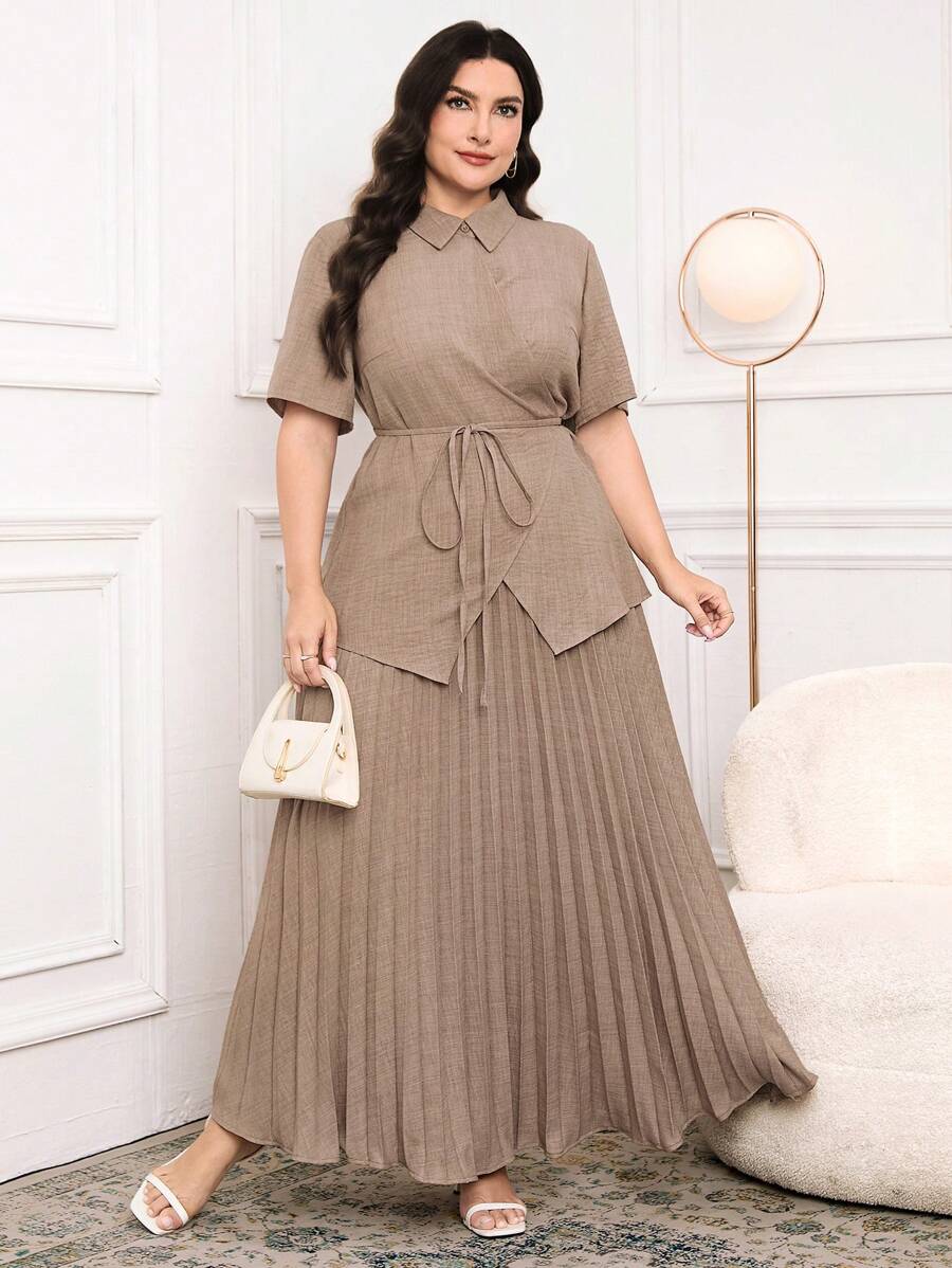 Modelyn Plus Size Women Summer Elegant Solid Shirt And Pleated Skirt 2Pcs Outfit - Khaki - View 1