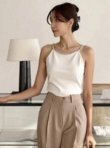 DAZY Nowy Letni Damski Elegancki Satynowy Halter Neck Tank Top - Biały - Zobacz 5