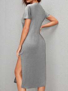 SHEIN LUNE 圆领纯色休闲连衣裙短袖，简约时尚，适合夏季 - 黑色 - 查看 6