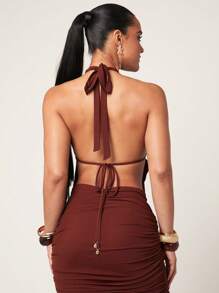 Silquee 女式优雅金属装饰不对称下摆露背吊带背心，夏季 - 棕色 - 查看 2