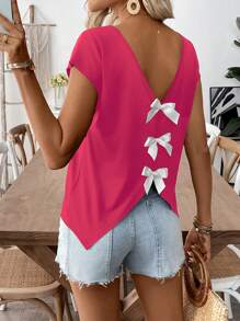 SHEIN LUNE 女士短袖纯色T恤，夏季时尚 - 玫紅色 - 查看 2