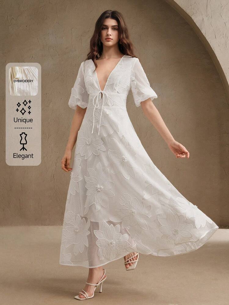 Women Floral Embellished Mid-Sleeve Midi Dress, Deep V-Neck Tie Waist, Elegant And Versatile For Casual, Vacation, Graduation, Spring, Summer