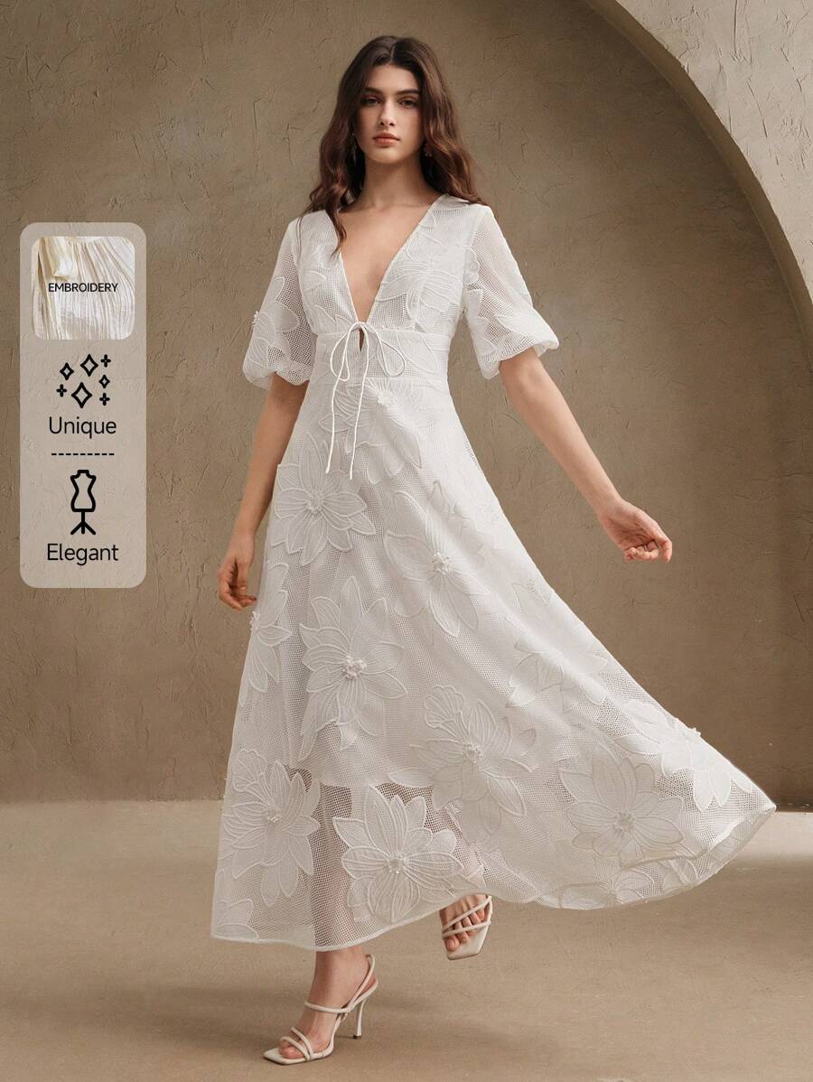 Anewsta Women Floral Embellished Mid-Sleeve Midi Dress, Deep V-Neck Tie Waist, Elegant And Versatile For Casual, Vacation, Graduation, Spring, Summer - White - View 1