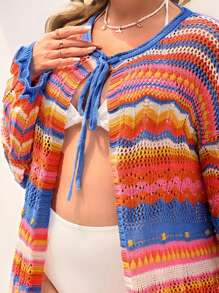 SHEIN Swim Curve 大码女式彩色条纹针织圆领复古风格系带长袖休闲和服，春季