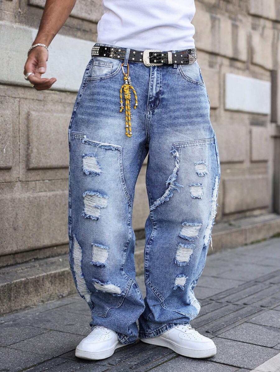 Manfinity EMRG Men's Ripped Jeans, Fashionable For Summer - Medium Wash - View 1