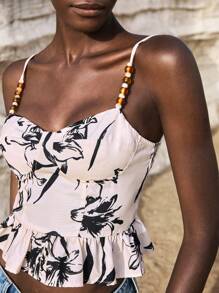 Maija 多色印花度假波西米亚风沙滩舒适休闲荷叶边串珠装饰修身无袖上衣，女士，春夏款 - 彩色 - 查看 2