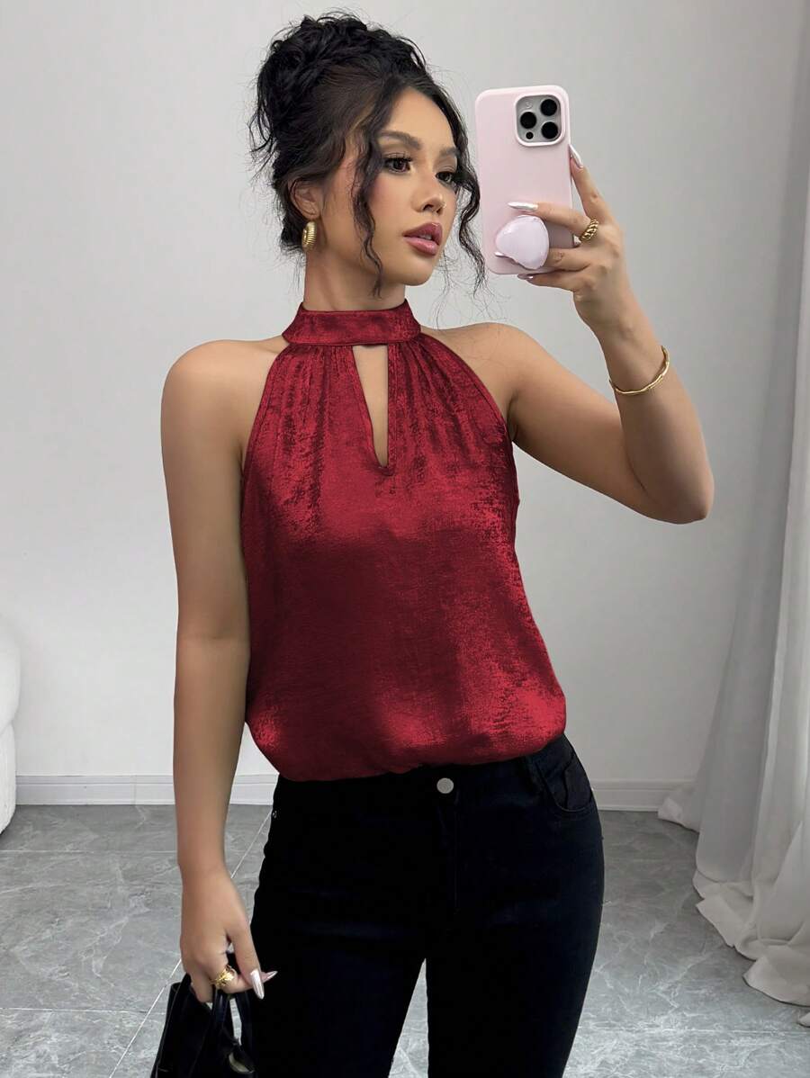 Selianne 女士优雅露背无袖光泽衬衫，适合春夏季度假 - 紅色 - 查看 1