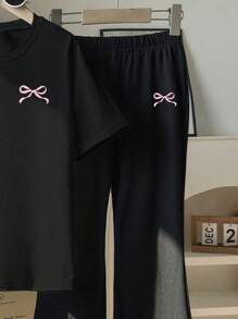 少女夏季休闲蝴蝶印花T恤和喇叭裤套装 - 黑色 - 查看 3