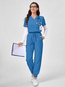 TaskEZ Solid Color V-Neck Short Sleeve Top With Pocket And Waist Tie Pants Uniform Set Scrub Set - Teal Blue - View 5