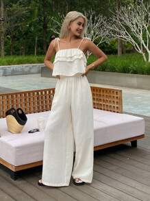 Livesso Women's Vacation Ruffled Camisole & Wide Leg High Waist Pants Set - Beige - View 9