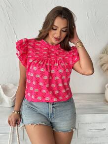 Franclia Plus Size Women's Chiffon Digital Print Cap Sleeve Casual Vacation Romantic Elegant Blouse