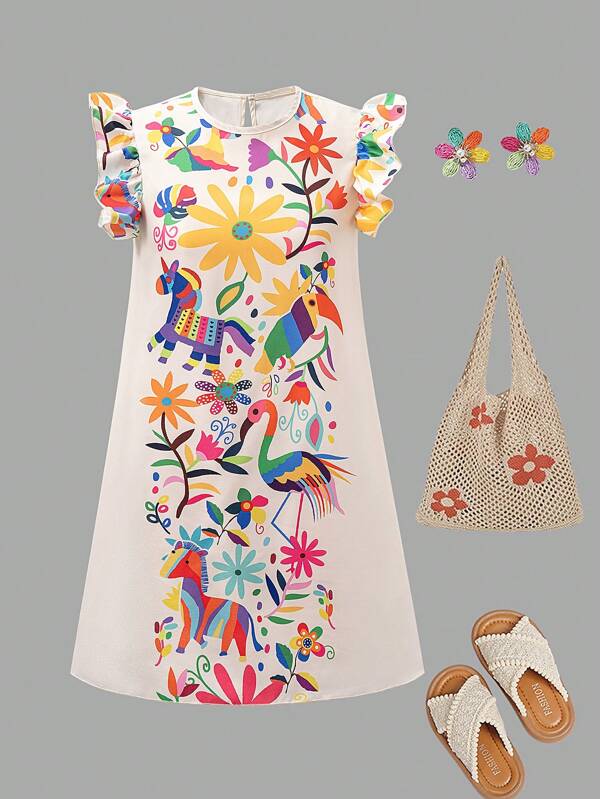Vestido informal para niña preadolescente con estampado de flores de dopamina estilo mexicano, adecuado para viajes al aire libre, vacaciones