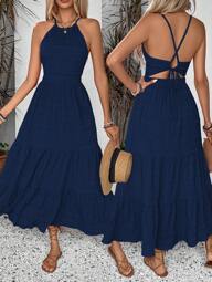 Breezaya Vestido de Verão com Textura Feminino, de Cor Sólida, com Alça Nas Costas e Barra com Babado, Perfeito para Looks de Férias, Vestido Longo para Férias e Praia