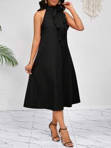 SHEIN Lady 3D Three-Dimensional Flower Ruffles Decorate The Neckline. Orange Mid-Length Dress. Elegant Ladies Loose And Casual. Spring And Summer Vacation. Bohemian. Business Casual Woman - Black - View 4