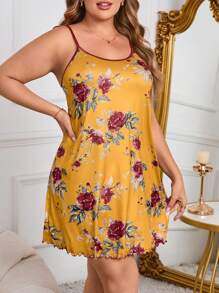 大码女式花卉印花宽松吊带睡衣 - 黃色 - 查看 4