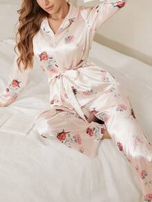 SHEIN Floral Print Cami And Shorts Pajama Set, Faux Silk - Multicolor - View 5